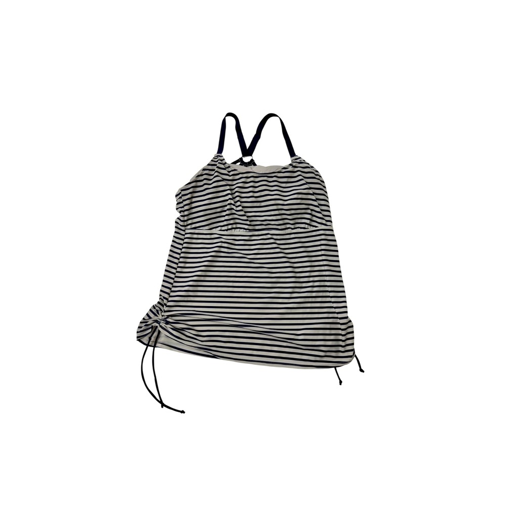 Womens Navy Blue White Striped Tankini Top Adjustable Straps Ruched Side Swim